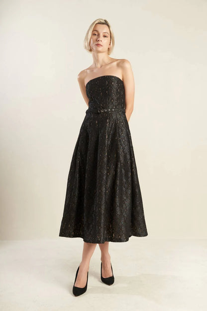 THE TRUTH IS STRAPLESS BLACK LACE MIDI DRESS FINAL SALE