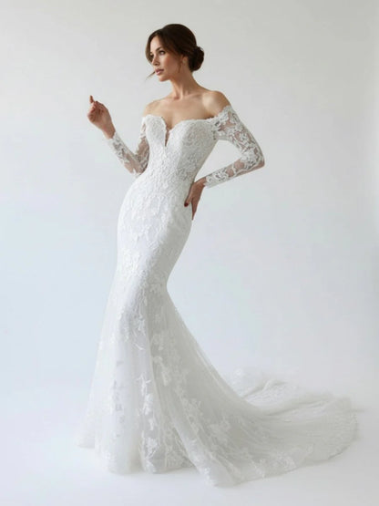 Elegant Mermaid Long Sleeve Off the Shoulder Lace Wedding Dress