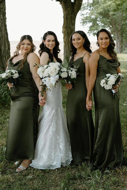 Hunter Green Silk Satin Cowl Neck Bridesmaid Dresses