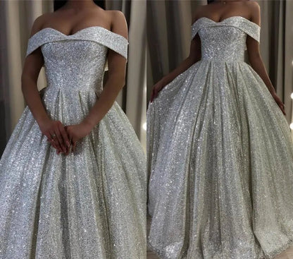 Shiny Silver Sequin A Line Wedding Dresses Off the Shoulder