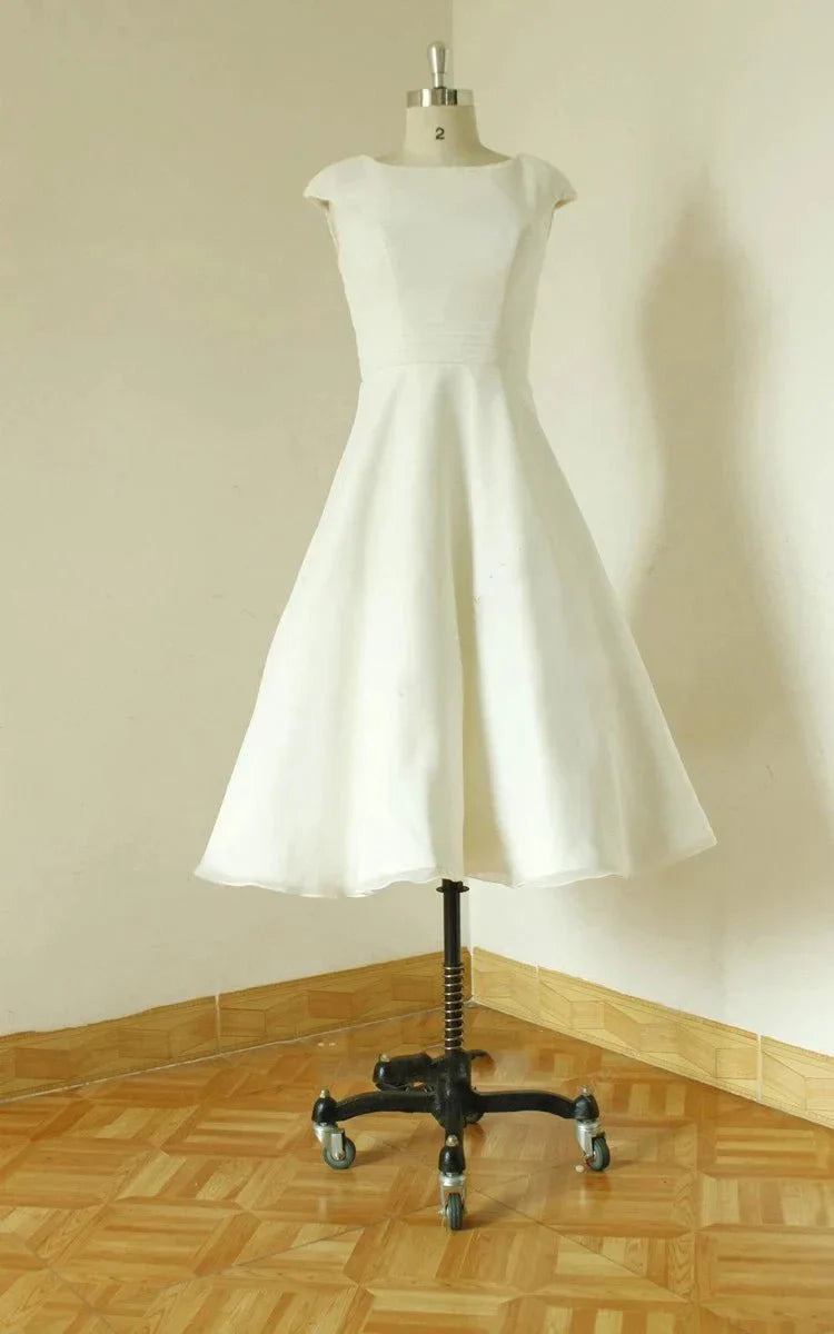 Jewel Cap Sleeve Zipper Back Tea Length Satin Wedding Dress