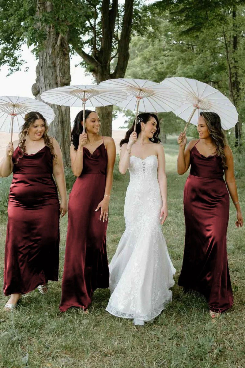 Hunter Green Silk Satin Cowl Neck Bridesmaid Dresses