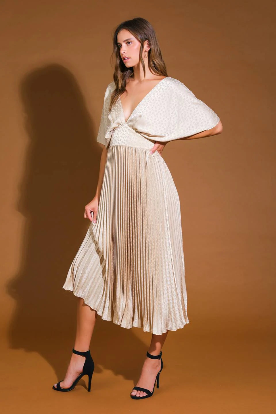 TIMELESS REPEAT PLEATED SATIN MIDI DRESS