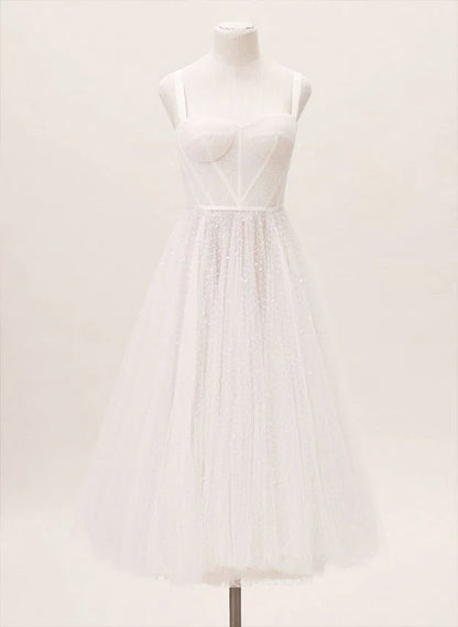 A Line Sweetheart Sleeveless Tulle Tea Length Wedding Dresses With Pleated