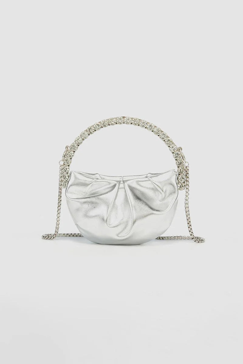 Womens Rhinestone Handle Metallic Slouchy Evening Clutch Bags