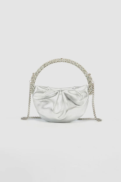 Womens Rhinestone Handle Metallic Slouchy Evening Clutch Bags