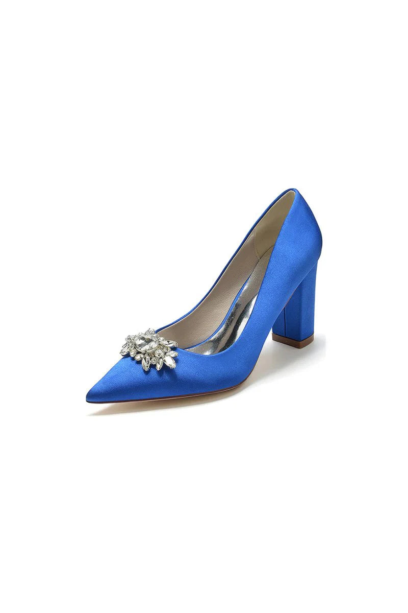 Pointed Toe Chunky Heels with Rhinestone