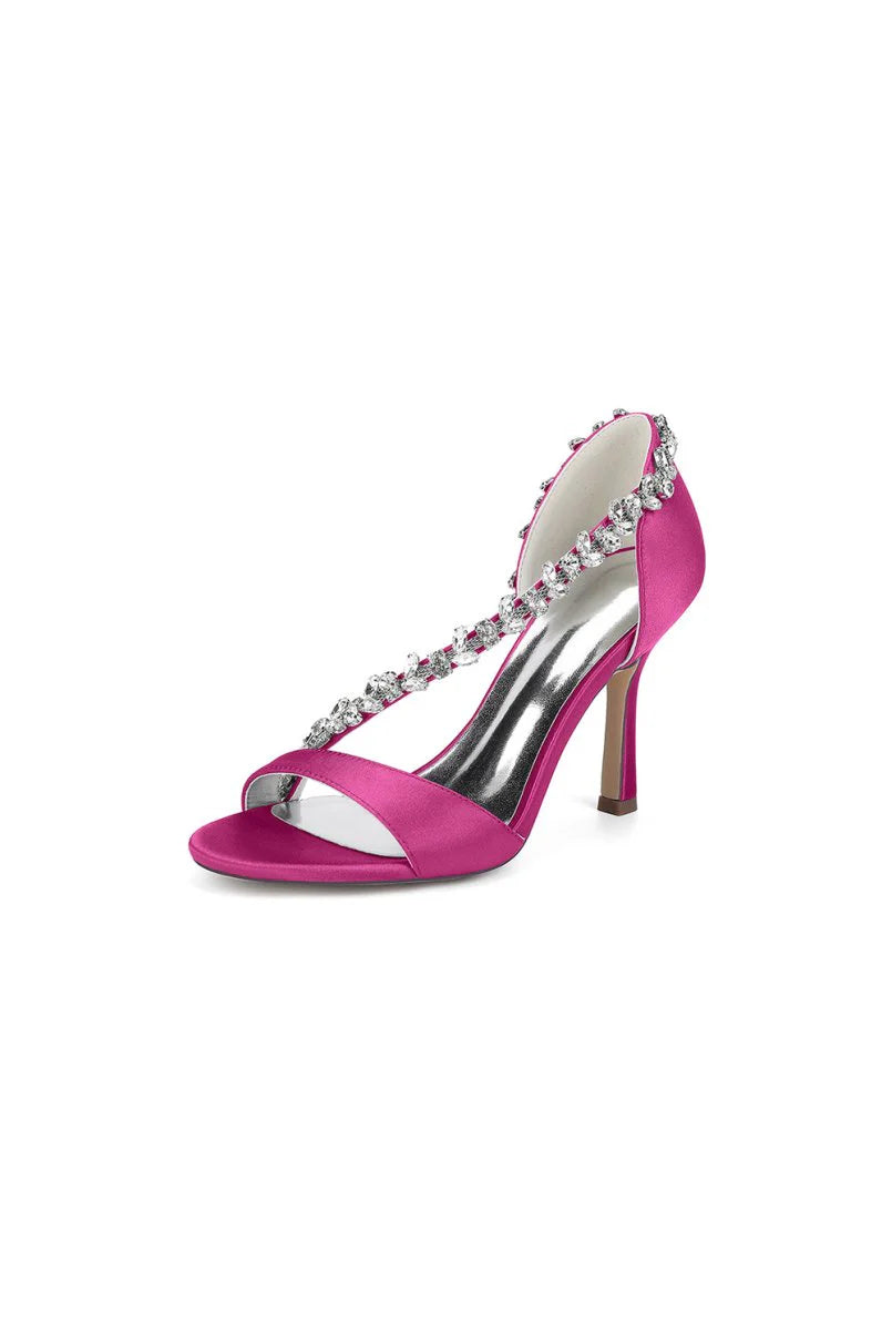 White Satin High Heels with Crystal and Chain Embellishments