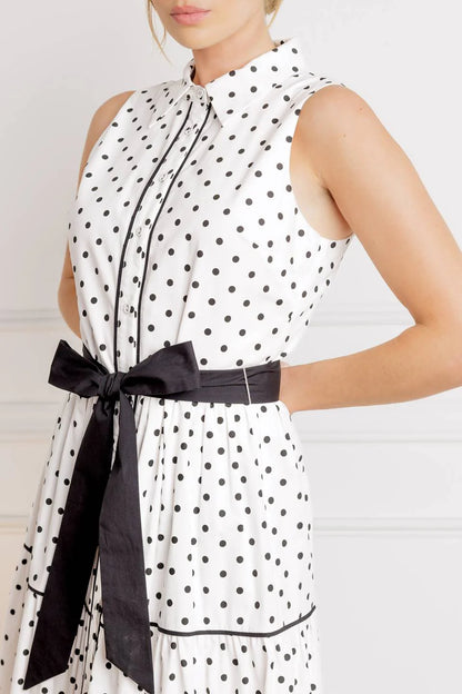 RETRO DOTS WHITE BLACK POLKA DOT MIDI DRESS
