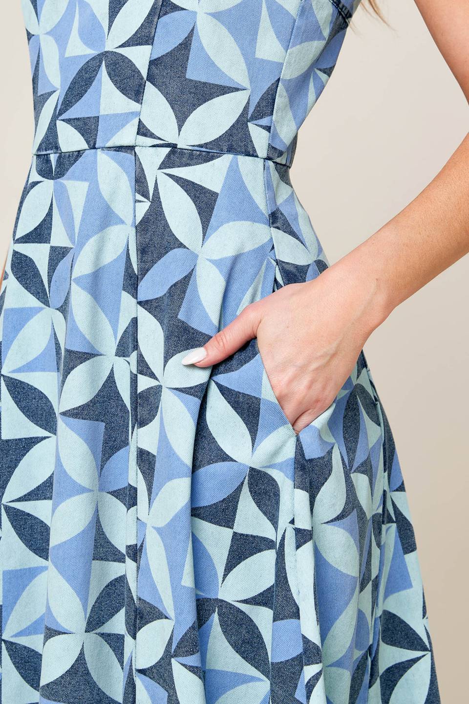 GWENNY GEOMETRIC BLUE DENIM MIDI DRESS
