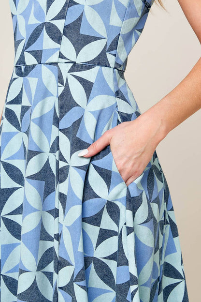 GWENNY GEOMETRIC BLUE DENIM MIDI DRESS