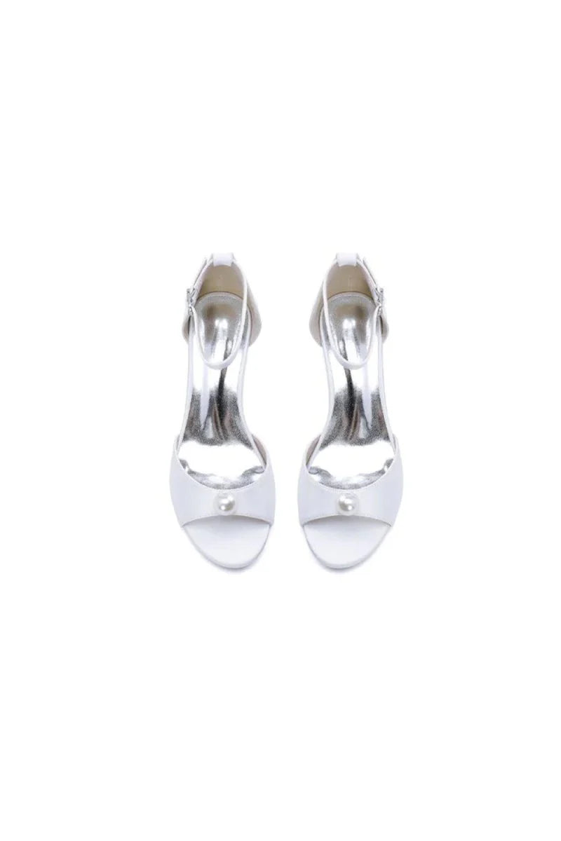 Satin Low Heel Sandals with Pearl Accent and Ankle Strap