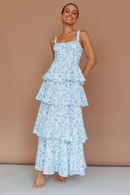 Molly Maxi Dress Blue Floral Tiered Dress with Bow