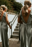 Sheath V Neck Sage Green Silk Satin Bridesmaid Dress with Bow