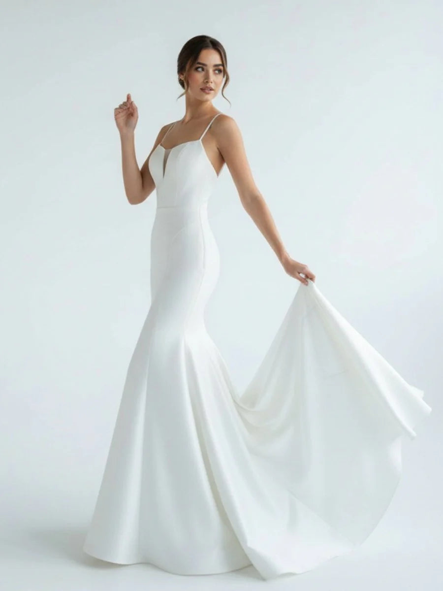 Mermaid White Spaghetti Straps Long Lace Wedding Dress