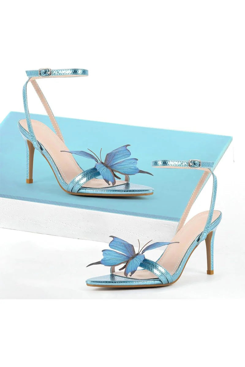 Blue Butterfly Ankle Buckle Open Toe Stiletto High Heels