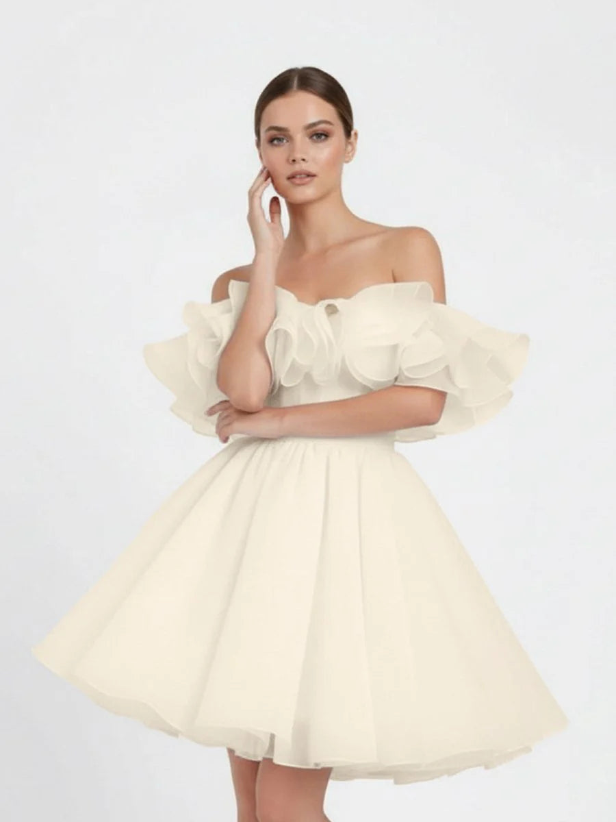A Line Off The Shoulder Sleeveless Short Mini Organza Wedding Dresses