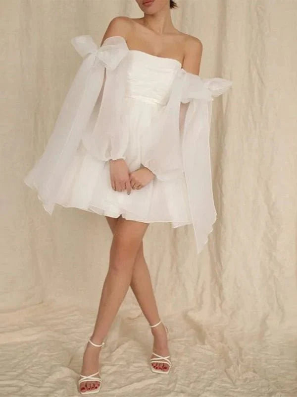A Line Puff Long Sleeves Short Wedding Dresses With Bows