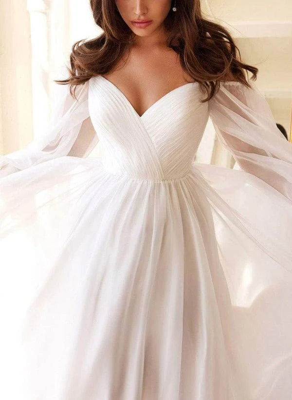 A Line Off the Shoulder Long Sleeves Chiffon Floor Length Wedding Dress
