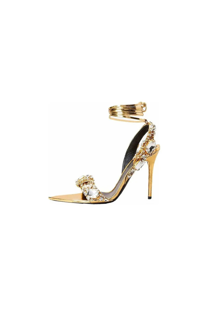 Open Toe Crystal Embellished Metallic Lace Up Stiletto Heels