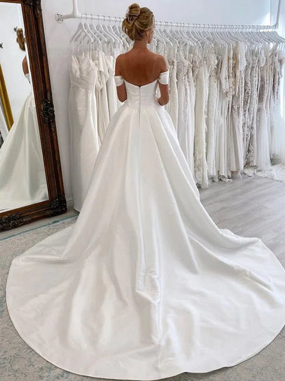 Elegant A Line Off the Shoulder White Satin Wedding Dresses