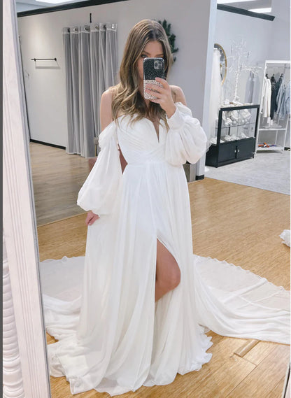 A Line Sweetheart Long Sleeves Chiffon Sweep Train Wedding Dress