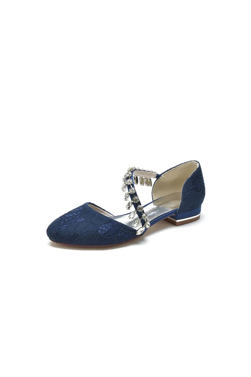 Crystal Strap Lace Round Toe Flats
