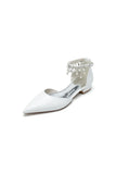 White Pearl Beaded Ankle Strap Pointed Toe Low Heels