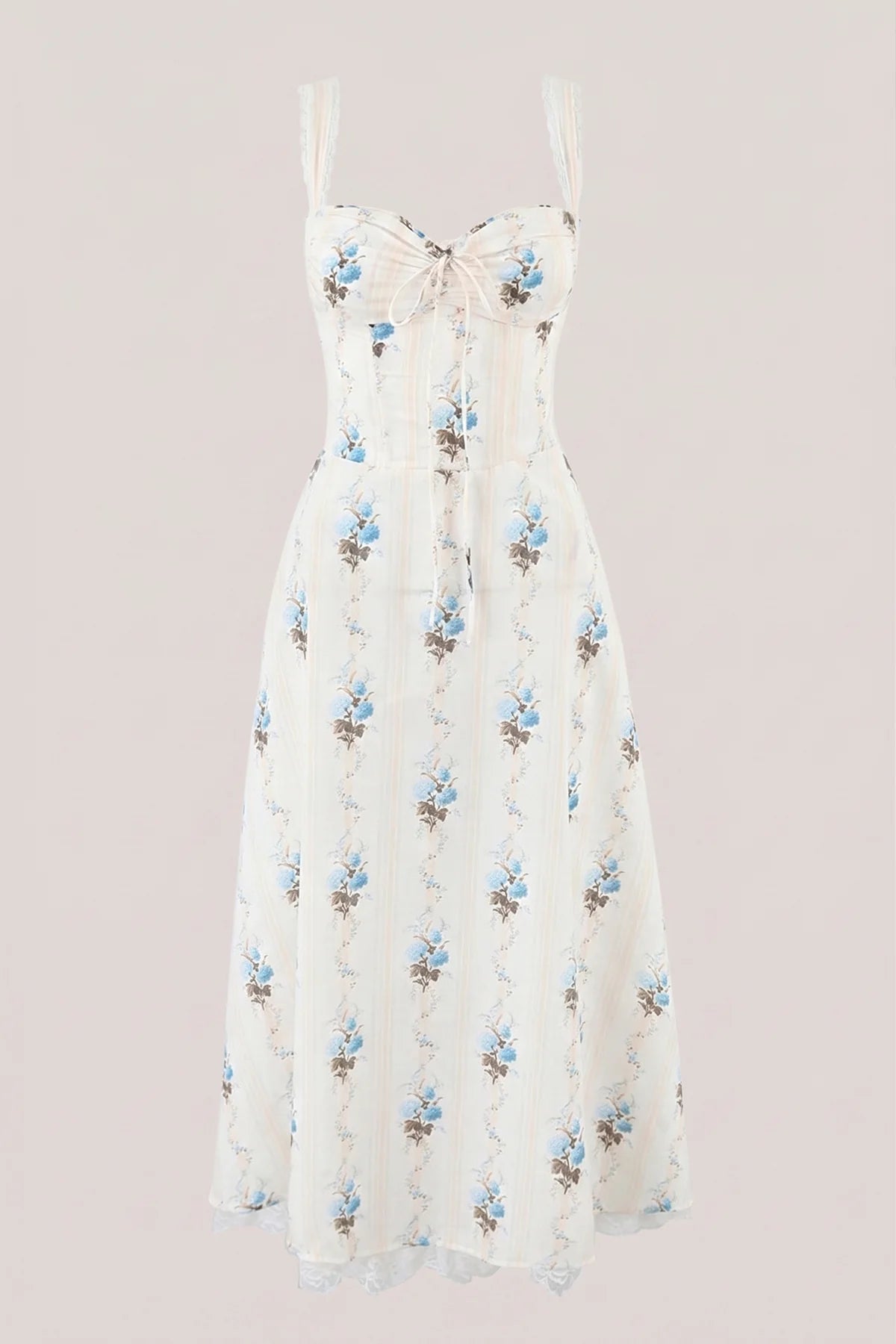 White Warm Rose Print Cotton Ruffled Midi Dress