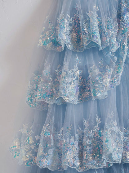 Blue Crystal Sequins Princess A Line Off the Shoulder Prom Dress with Lace Ruffles
