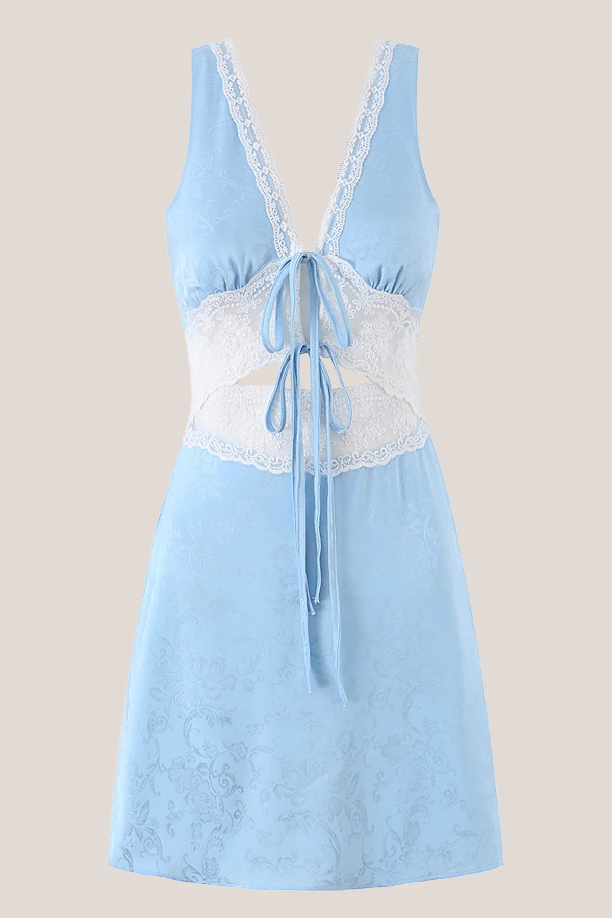 Blue V Neck Lace Cotton Sheath Mini Dress