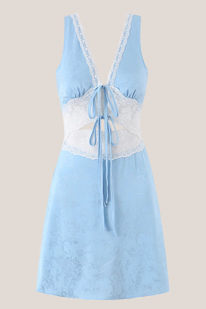 Blue V Neck Lace Cotton Sheath Mini Dress