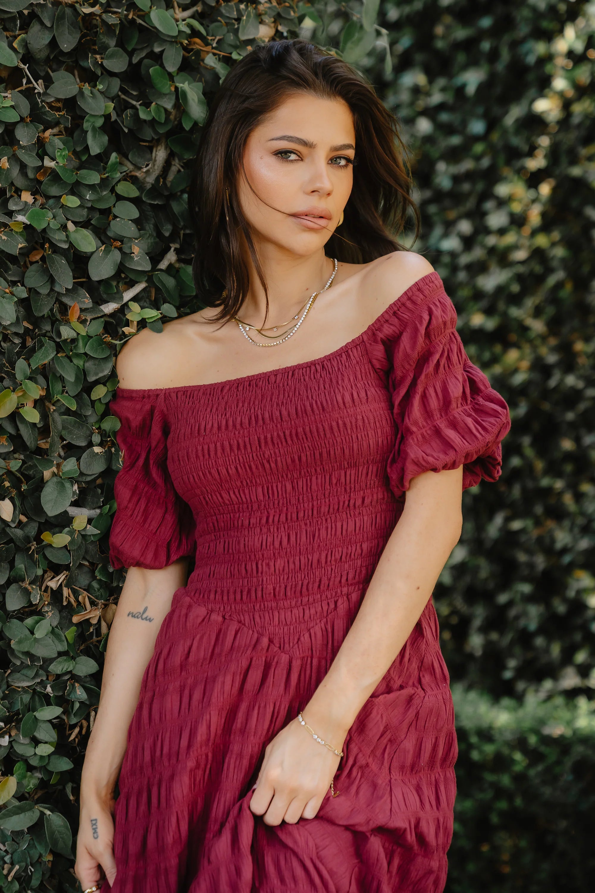 Beckie Smocked Maxi Dress in Burgundy
