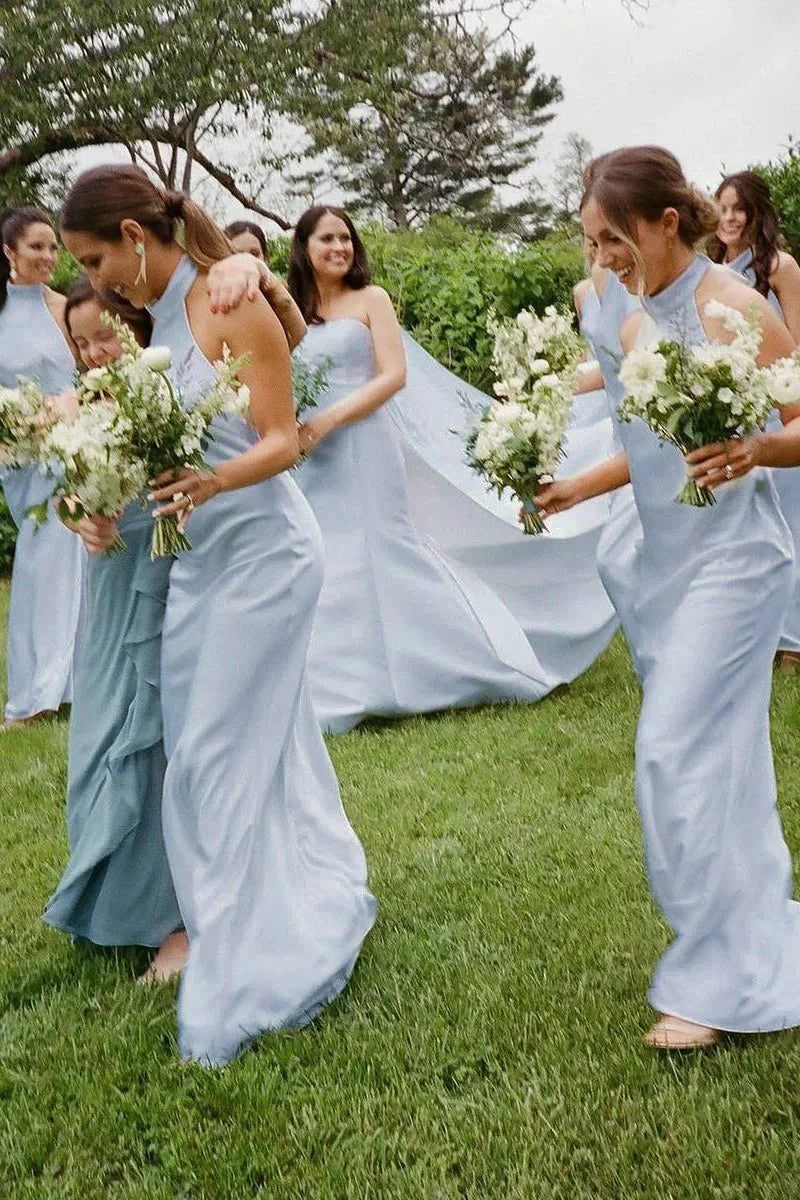 Sheath Halter White Silk Satin Long Bridesmaid Dresses