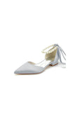 Pearl Ribbon Pointed Toe Ankle Strap Kitten Heels