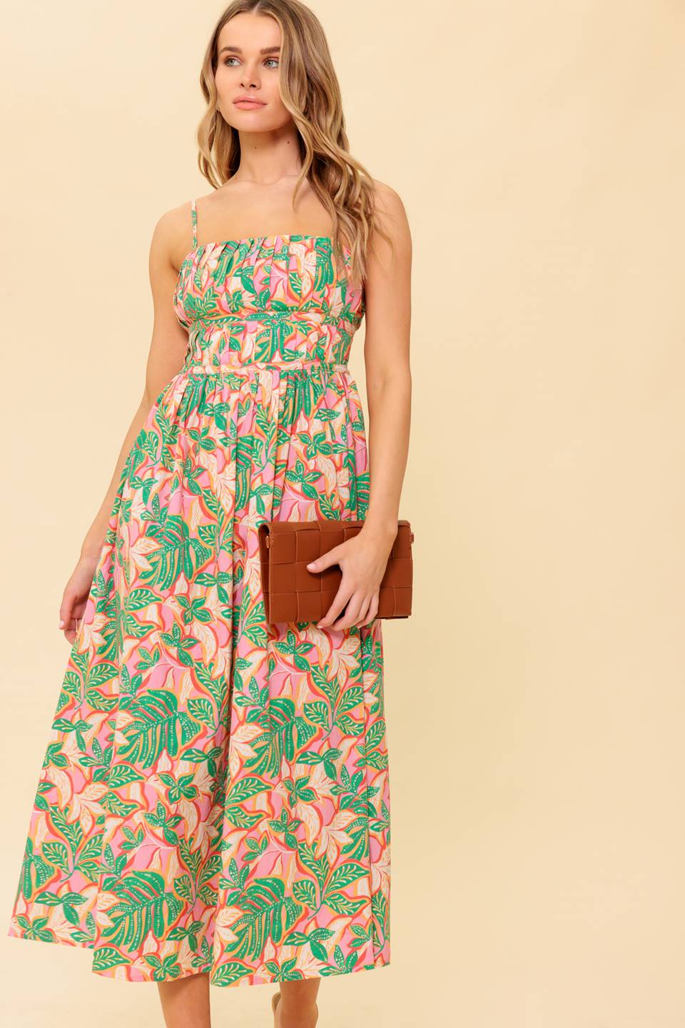 STORYTELLING PINK GREEN MIDI DRESS WITH POCKETS