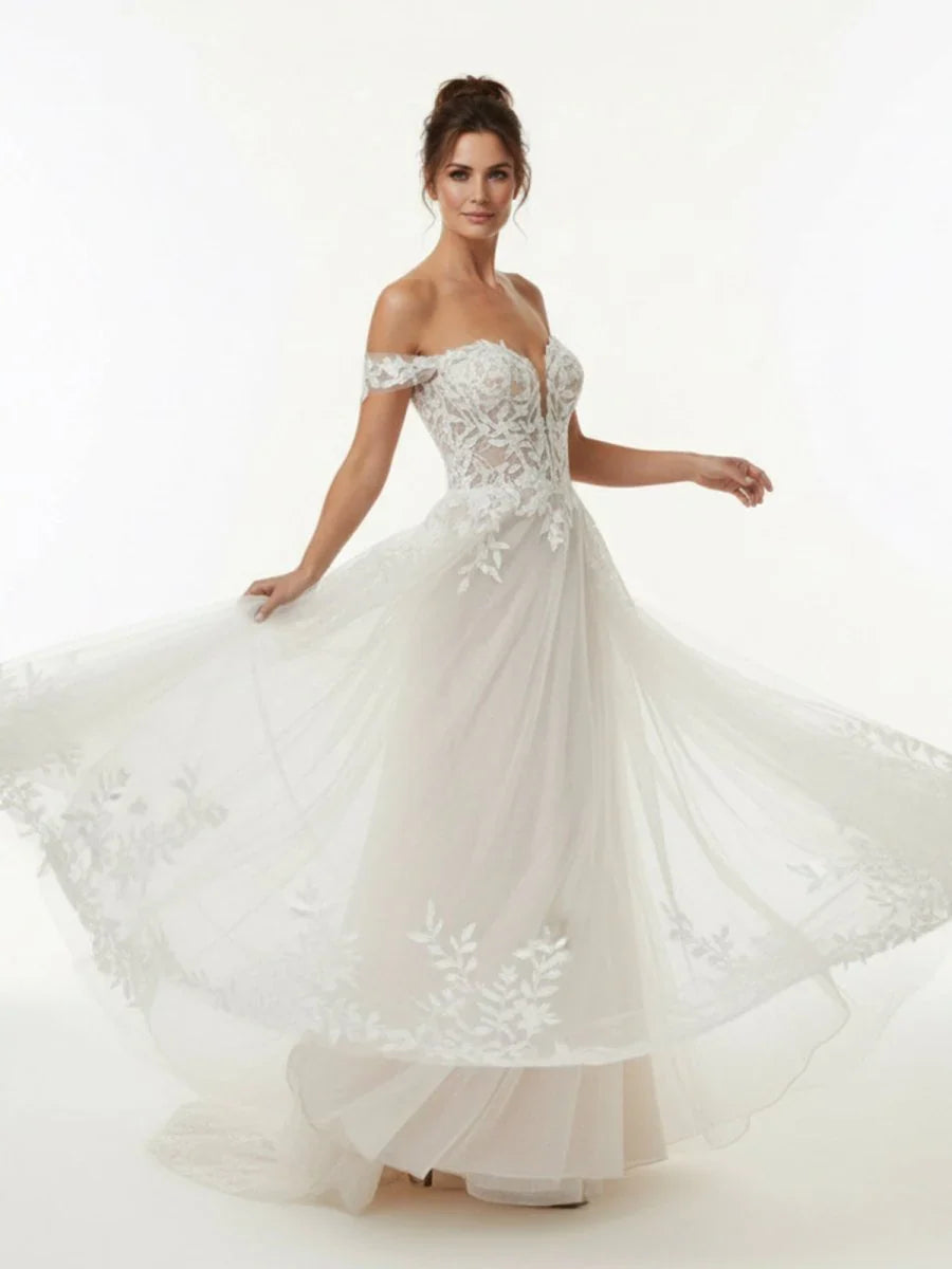 A line Lace Beach Wedding Dress with Off Shoulder Tulle Appliques