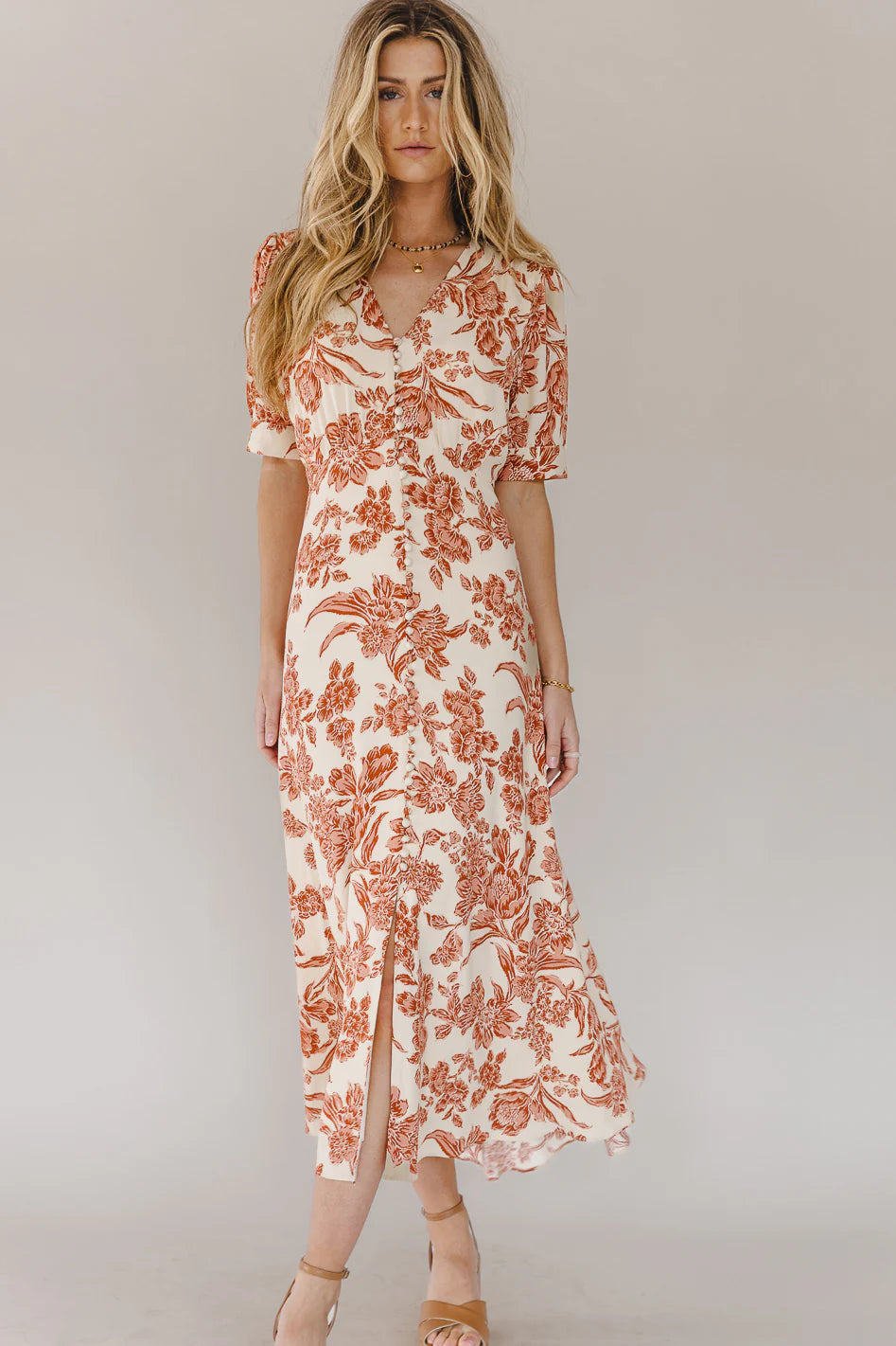 Lia Floral Midi Dress in Rust