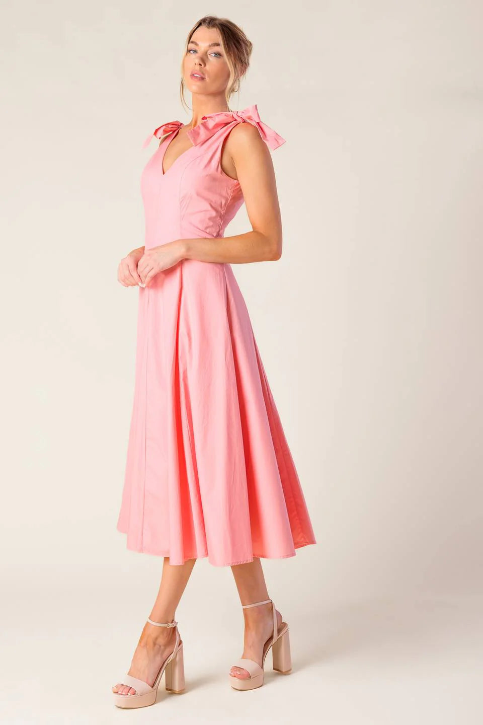 SWEET NOTHINGS SHOULDER BOW MIDI DRESS PEACH