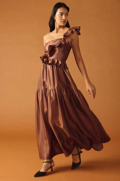 FIND THE ANSWER BROWN SATIN ONE SHOULDER MAXI DRESS