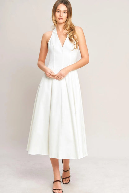 SERENE MOMENT WHITE HALTER MIDI DRESS