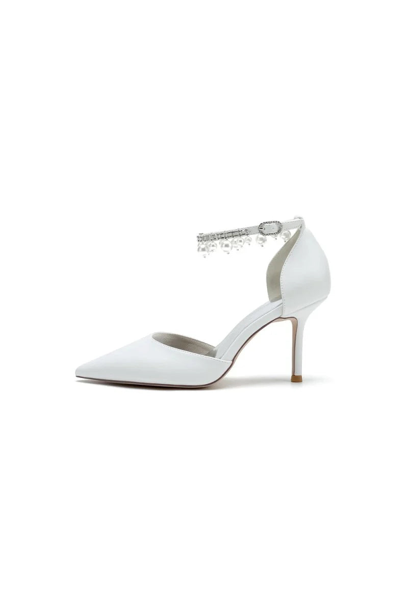 Satin Pointed Toe Pearl Beaded Ankle Strap Simple Wedding Shoes