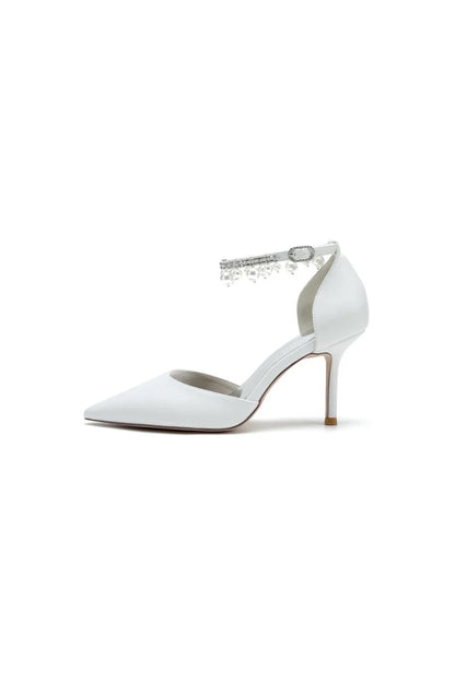 Satin Pointed Toe Pearl Beaded Ankle Strap Simple Wedding Shoes