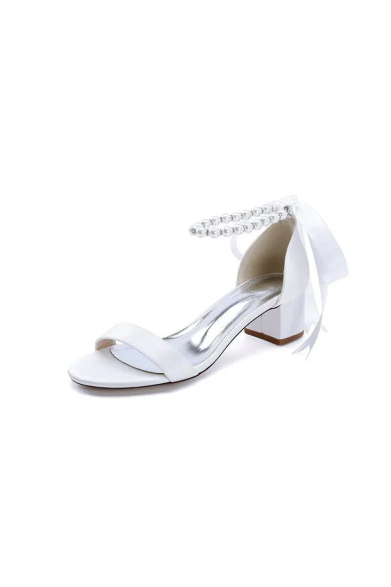 Block Heel Sandal Adorned with Pearl Ankle Band and Ribbon Bow