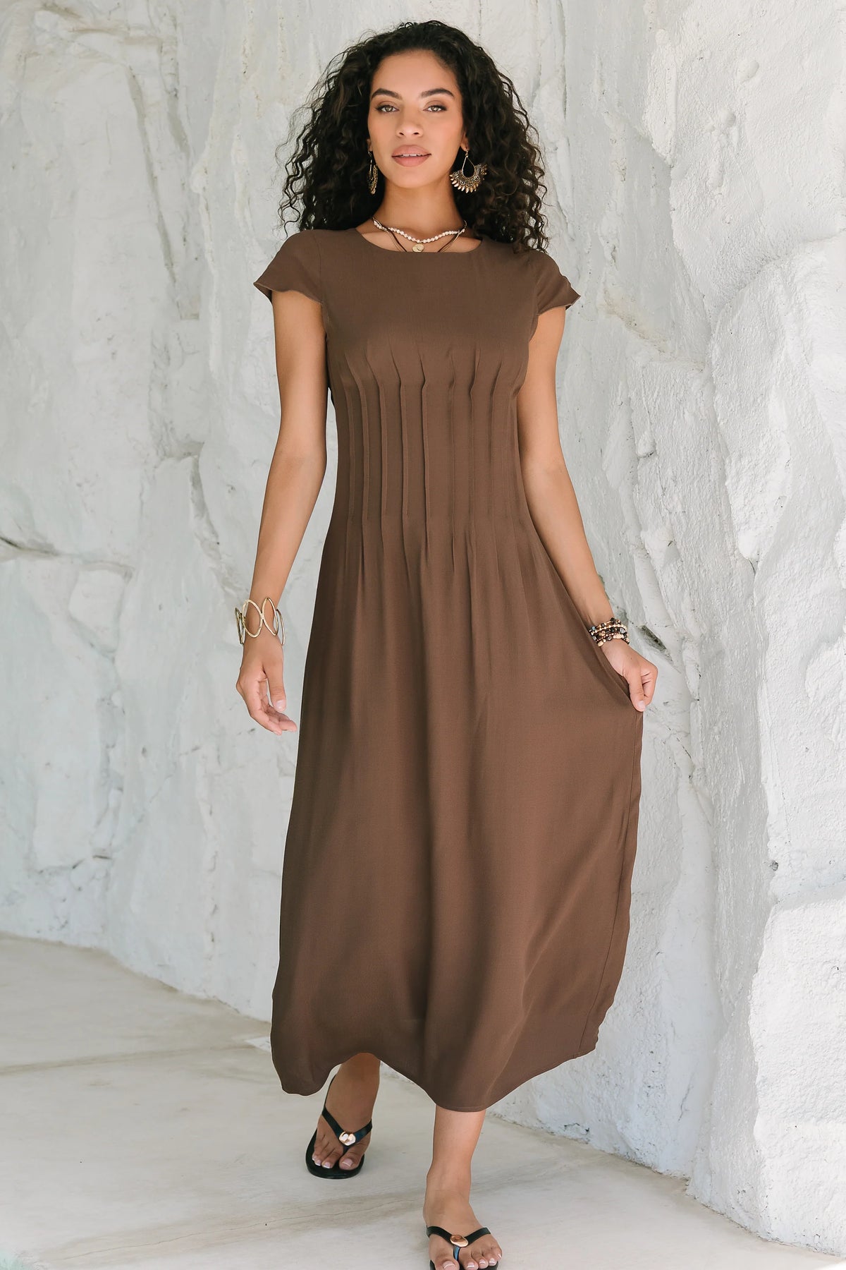 Carolina Pleated Maxi Dress in Brown