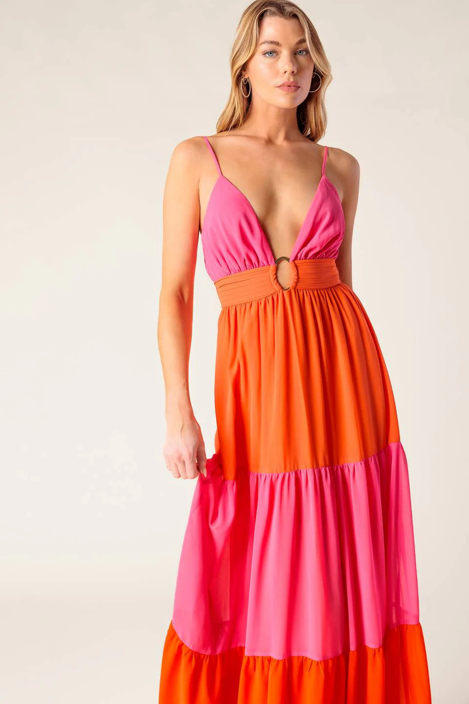 REGAL SUNRISE PINK RED COLOR BLOCKED MAXI DRESS