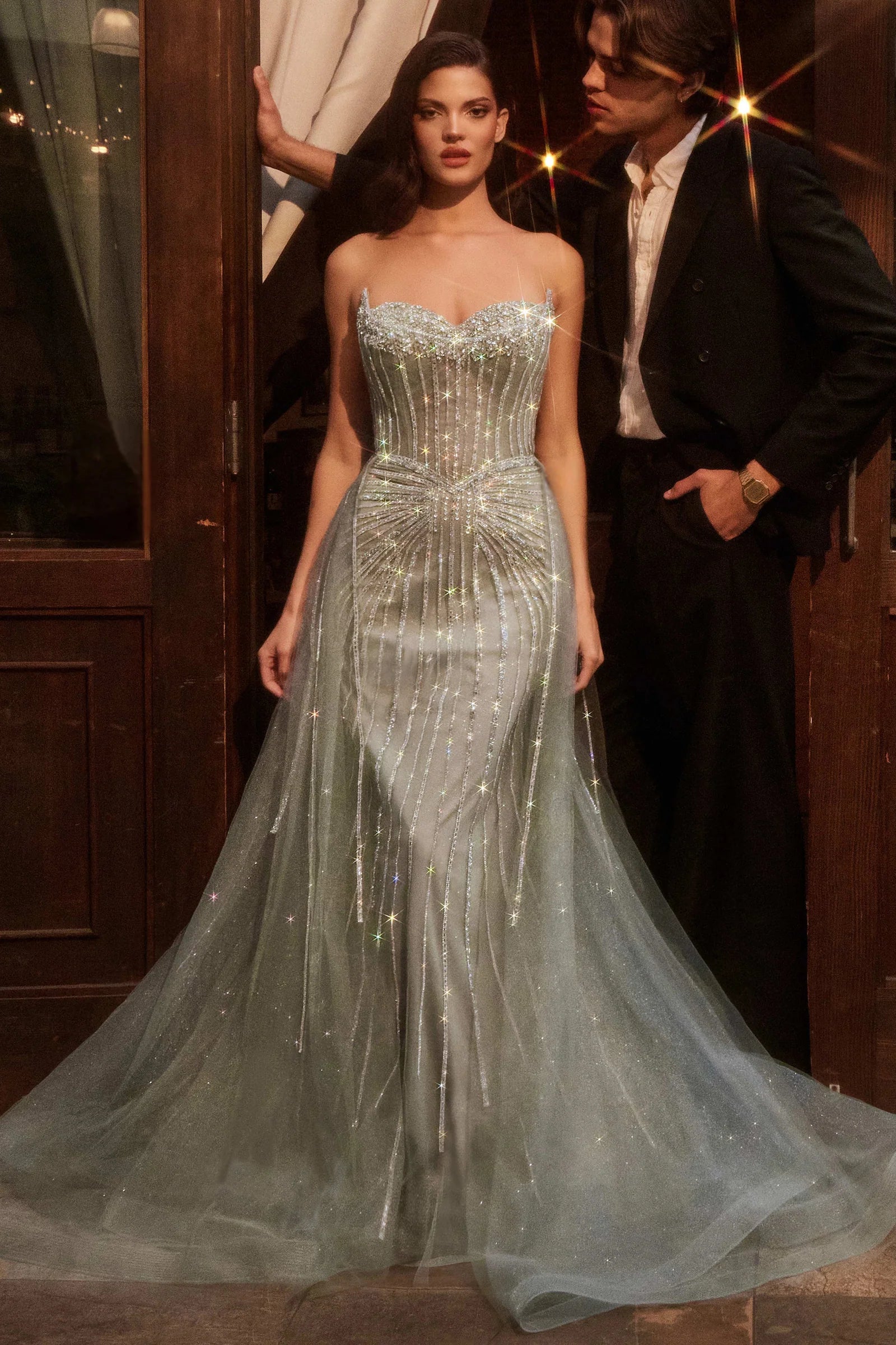 CADENCE GOWN STRAPLESS CRYSTAL EMBELLISHED GOWN WITH OVERSKIRT