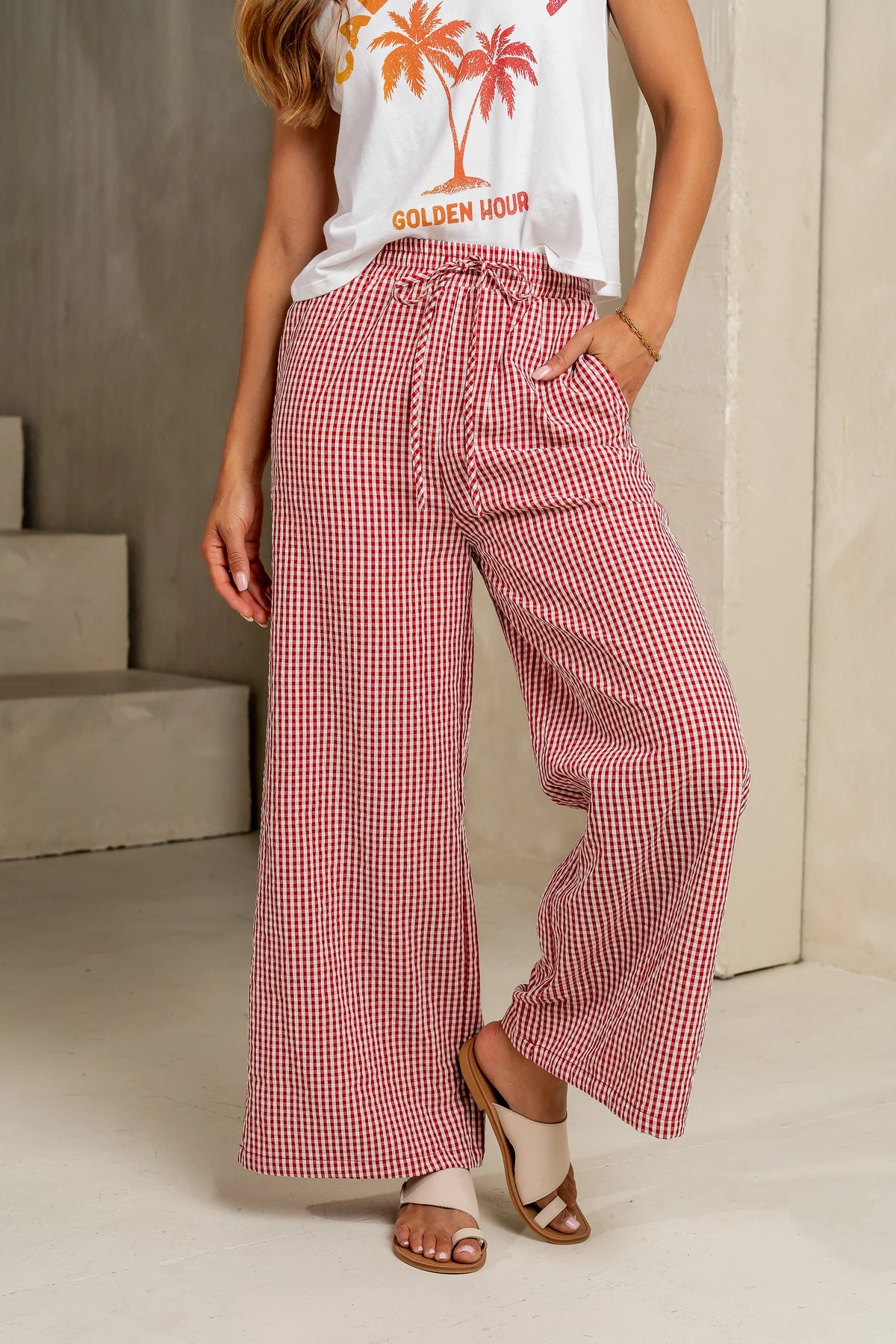 Ada Gingham Wide Leg Pants in Red FINAL SALE