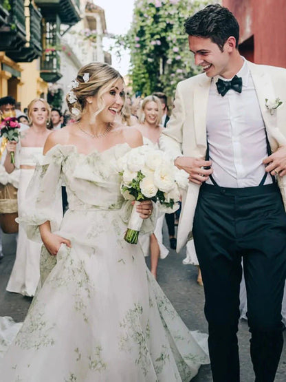 A Line Floral Appliqued Majesty Bridal Wedding Dress with Ruffles