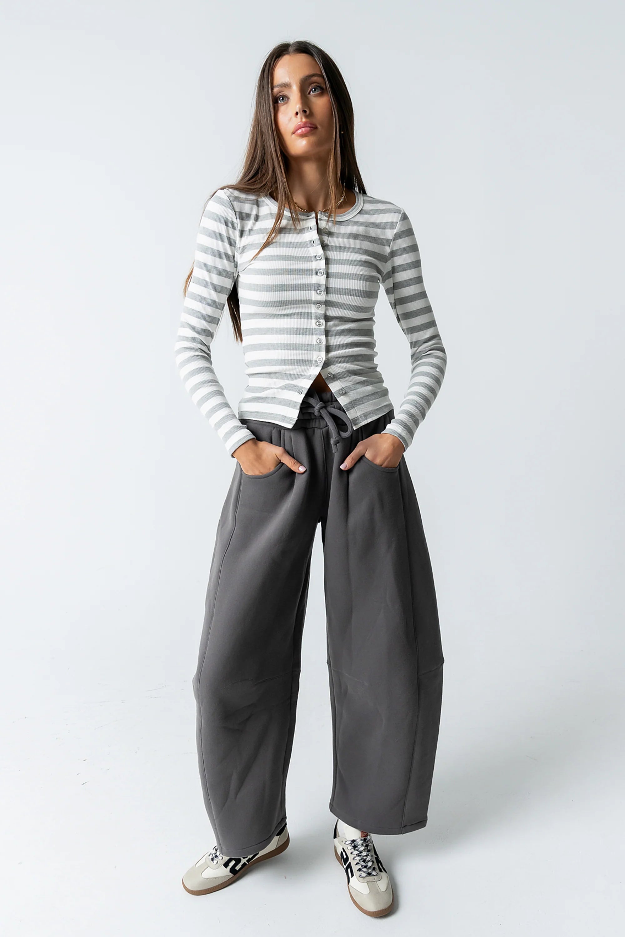 Mia Button Up Top in Striped Grey